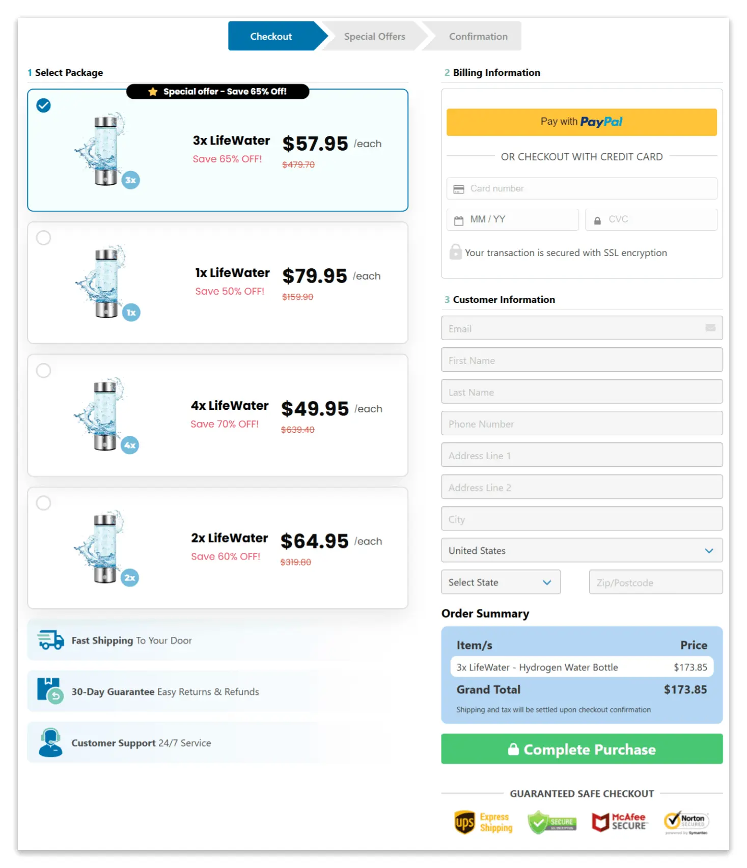 lifewater hydrogen bottle secure checkout page